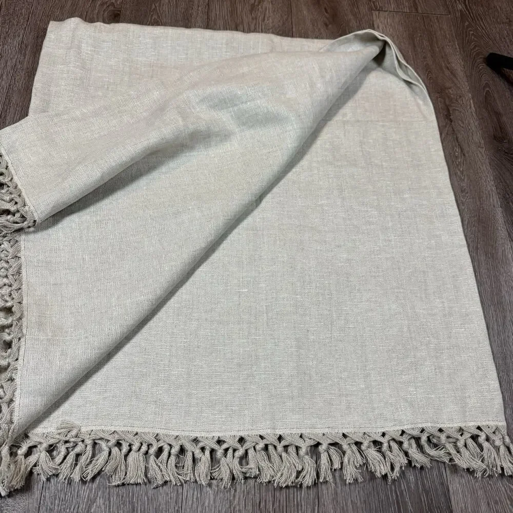Pottery Barn Tablecloth Fringe 100% Linen 50 inch Beige Square
